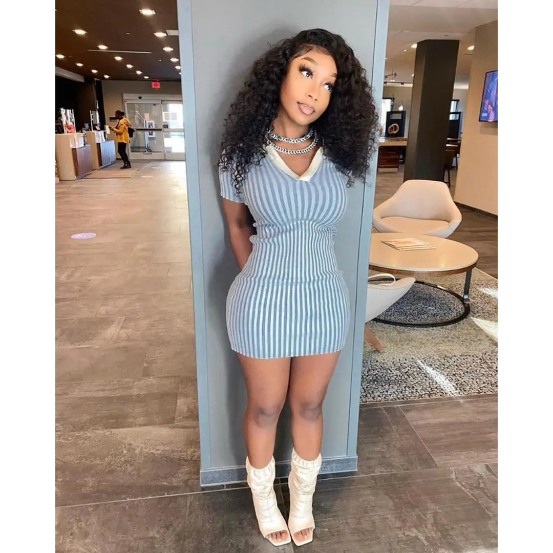 Blue/White Striped Collar Mini Dress with Short Sleeves
