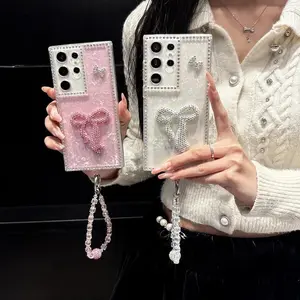3D Diamond Bow Phone Case For Samsung S26 S25 S24 Ultra S23 S22 Glitter Shell Texture With Crystal Beaded Wrist Strap Cover