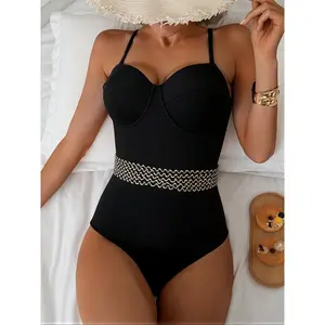 This Is a Stylish Black One-Piece Swimsuit for Women Featuring a Slim Fit, Delicate Straps, And a Decorative Golden Chain with Stones at The Waist, Perfect for Swimming, Surfing, Beach Holidays, And Various Water Activities,crystals bikini,thong bikini