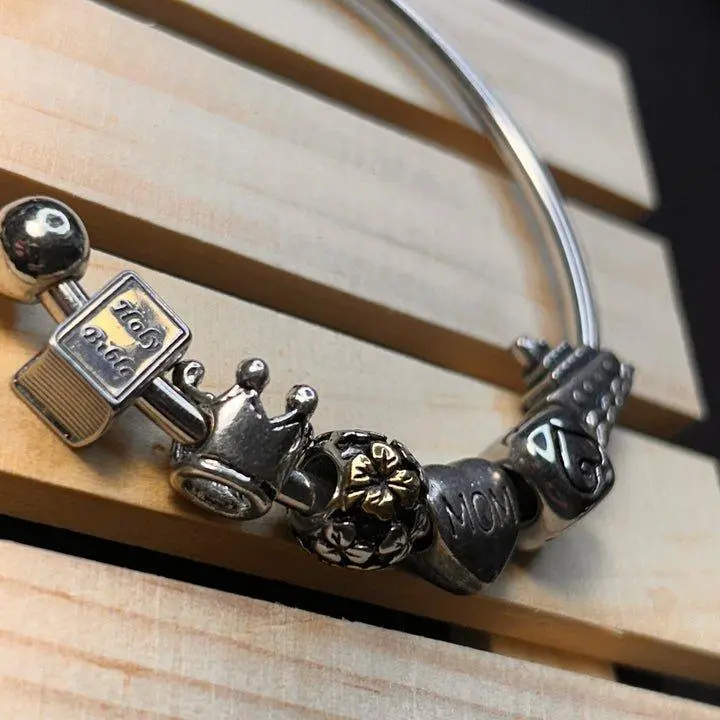 Mom Charm Bracelet with Bible Charm and Mom Charm Featuring Crown Design and other charms