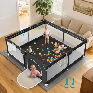 64x64 in Baby Playpen for Babies and Toddlers - Indoor and Outdoor Extra Large Baby Play Pen with Soft Breathable Mesh & External Zipper Door - Play Yard with 2 Handles for Walking Playing, Black