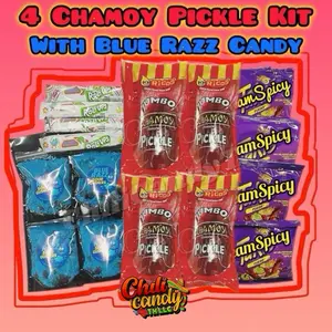 4 Chamoy Pickle Ricos Snack Kits with Fruity Rolls, Crunchy Chips & Blue Razz Sour Candies - Pick Your Favorite Combo!