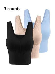 Women's Solid Backless Bra with Removable Pads, Casual Comfortable Ribbed Wireless Lingerie for Daily Wear, Soft Lingerie for All Seasons, Backless Sports Bra