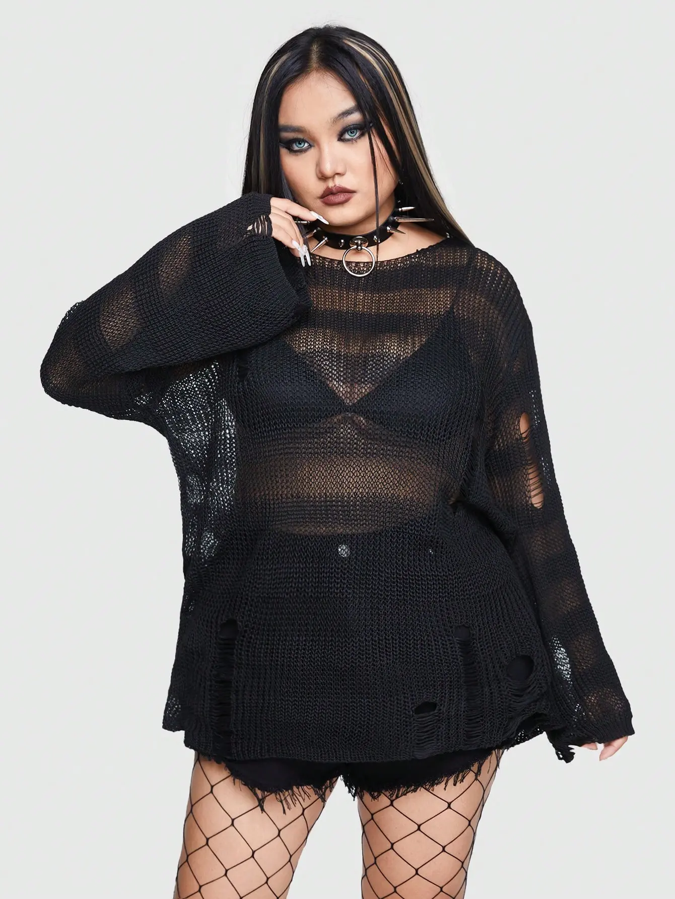 LALUZ Women's Plus Size Grunge Punk Ripped Drop Shoulder Sweater Oversized Knit Long Sleeve Streetwear Y2K Aesthetic Fall Outfit