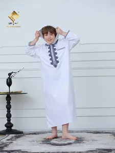 Boys' Long Robe with Hat & Embroidery, Middle Eastern Style Daily Wear, Comfortable Breathable Traditional Clothing, Loose Fit Kids Fashion
