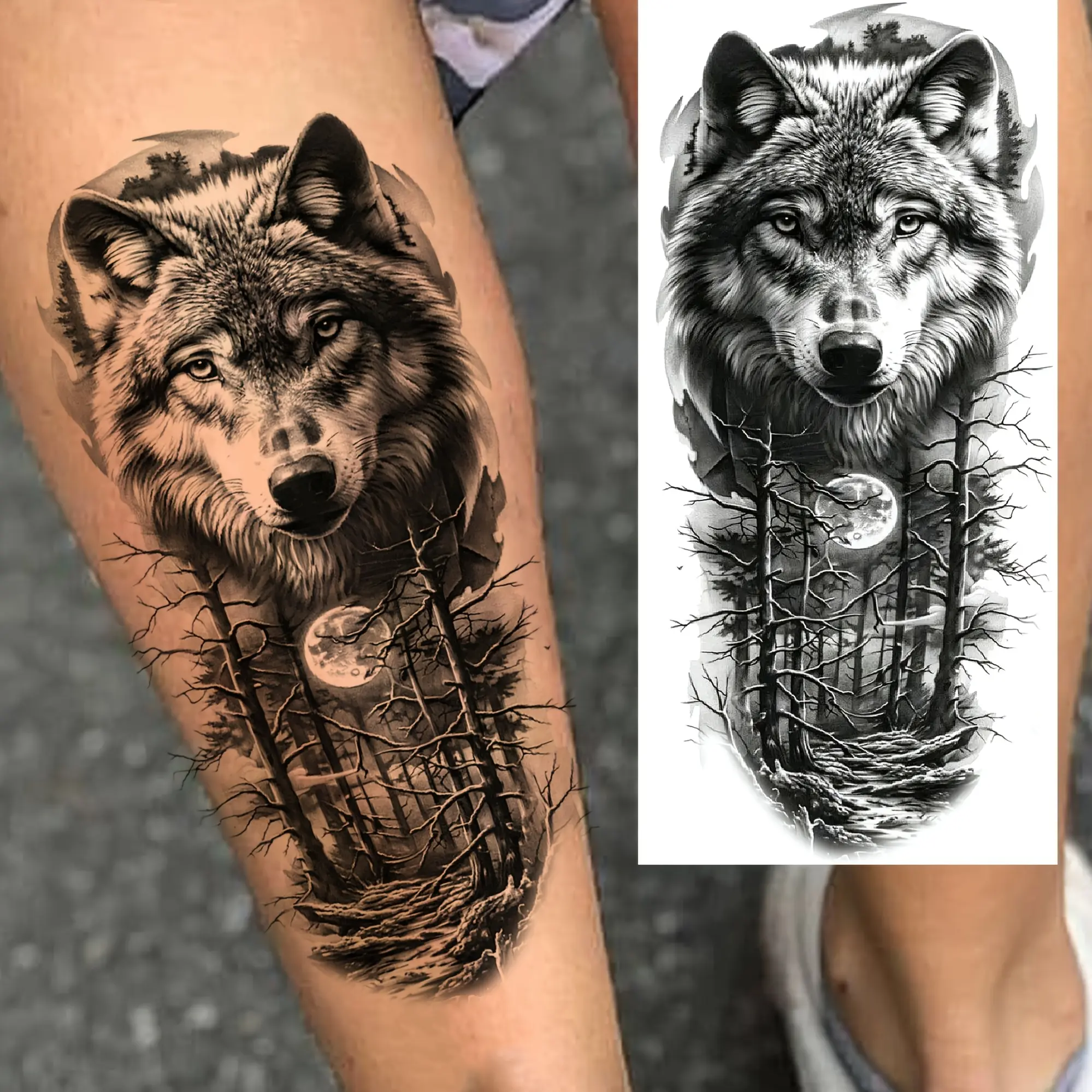 Wolf Moon Temporary Tattoos Bundle - 6 Pre-Packaged Assorted Nontoxic Tattoos (3 Fixed Items, 3 Random Designs) for Adults, Half-Sleeve, Leg, Thigh, Forearm, Shank, Arm, Assorted Temporary Tattoos, Bundle Temporary Tattoos