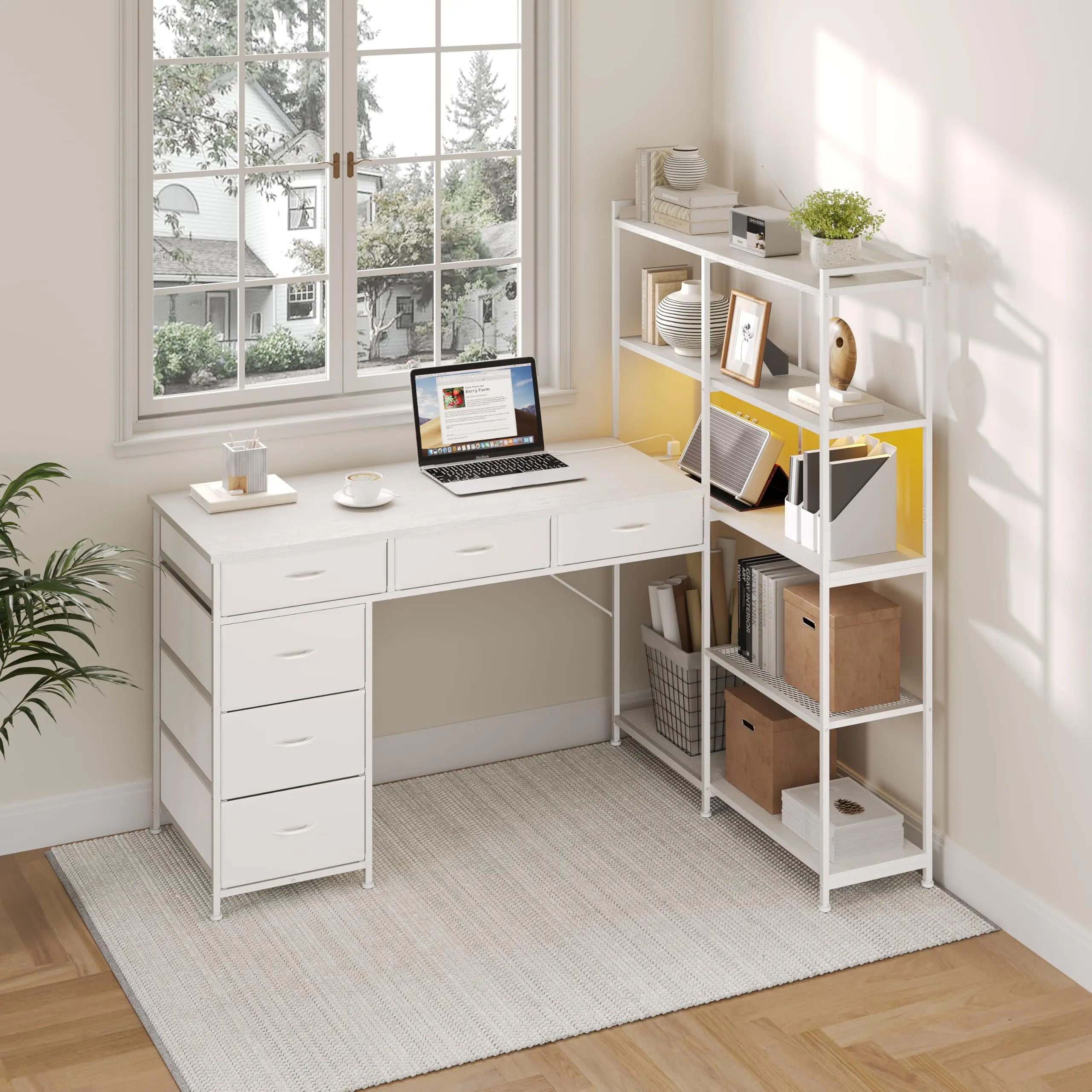 Garvee L Shaped Gaming Computer Desk with Storage Shelves, 6 Fabric Drawers, Corner Gaming Desk with Open Shelves, Home Office PC Table with Power Outlets & LED Lights, 58.3" l*54.3" h