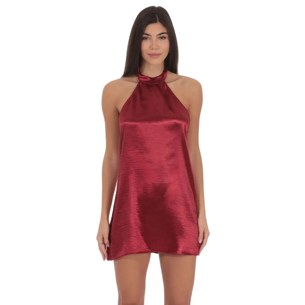 Satin Halter Shift Dress in Maroon