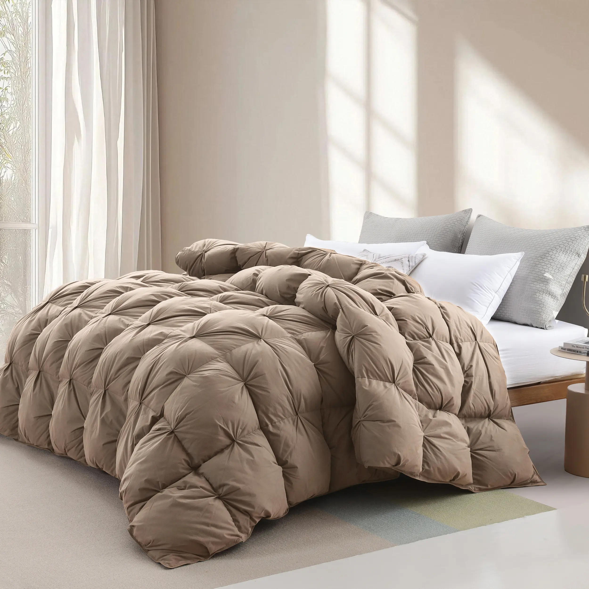 Light Coffee Pinch Pleat Down & Feather Comforter - 100% Cotton Shell, All-Season Duvet Insert with 8 Corner Tabs, Machine Washable, Medium Warmth (Sizes: 64x88in, 82x86in, 88x88in, 102x88in)