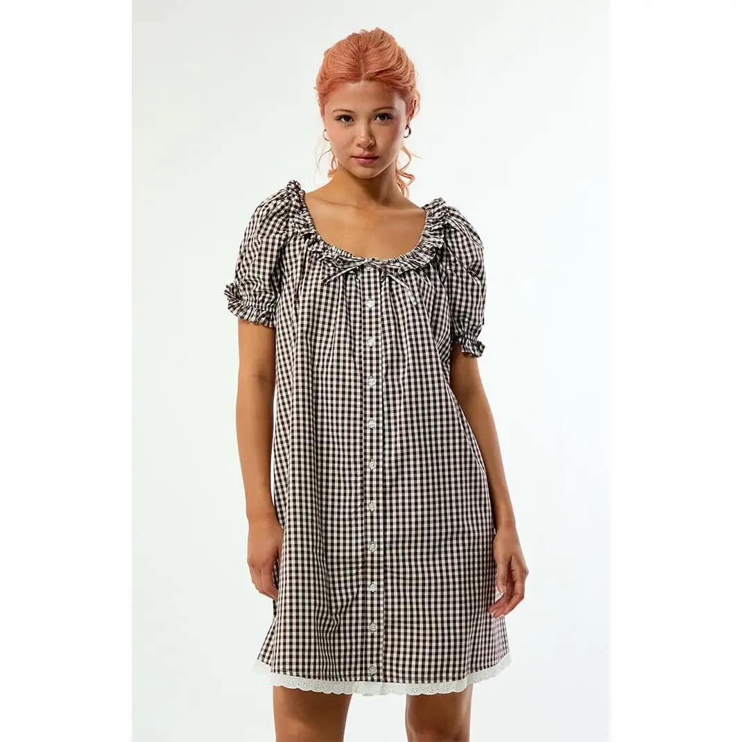 WEWOREWHAT Women's Gingham Puff Sleeve Button Up Mini Dress