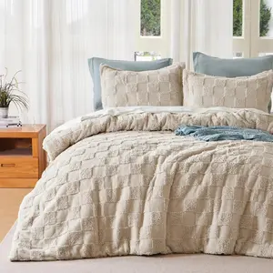 Tufted King Size Comforter Set, 3 Pieces Beige Boho King Bedding Set with 1 Plaid Geometric Comforter and 2 Pillow Shams, Checkered Bed in a Bag for All Se