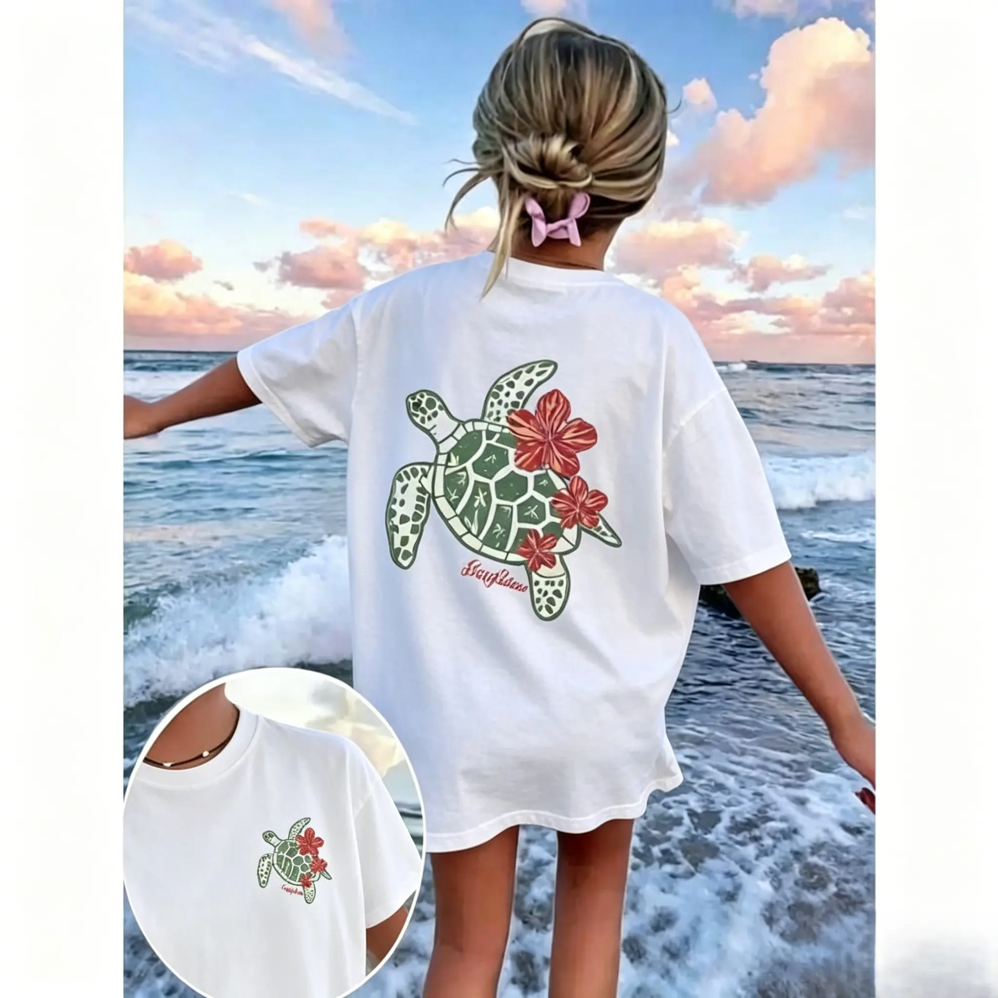100% Cotton Sea Turtle Hibiscus Graphic Tee, Women Short Sleeve Beachy Summer Vacation Shirt, Casual Soft Cotton Crewneck Top, Tropical Floral Ocean Design, Lightweight Breathable Daily Wear, Stylish Vacation Casual Appare