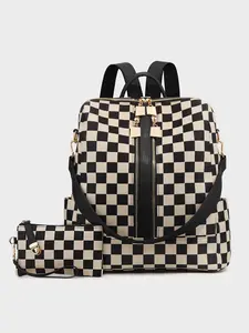 Checkerboard Pattern Backpack Set, Women'S Fashionable Vintage Trendy Casual Large Capacity Zipper Travel Backpack & Wristlet, Multifunctional Bag Set For Daily Use, Casual Daypack