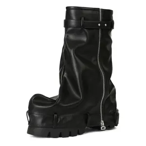 Women's Fold Over Mid Calf Combat Boots with Zipper Pull on Knee High Chunky Motorcycle Style for Stylish Outfits