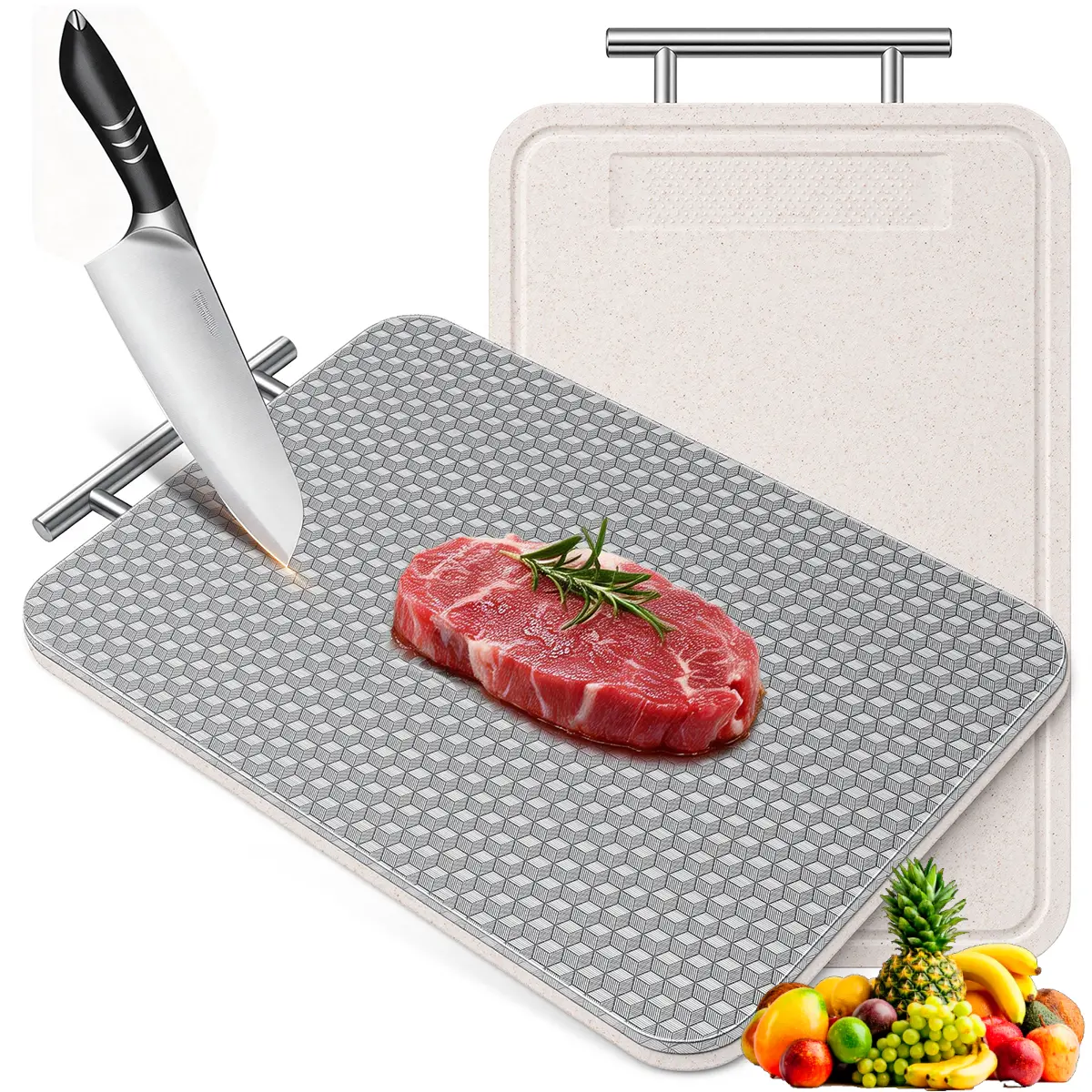Stainless Steel Cutting Board,Double Sided Steel Bread Boards for kitchen,Stainless Steel/Wheat Straw PP Large Board For Meat,Non Toxic Chopping,14.2 * 9.8 Inch,Dishwasher Safe