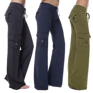 2022Wide Leg Yoga Pants for Women High Waist Casual Workout Cargo Pants with Pockets Button Stretch Leggings Sweatpants Womenswear Bottom2025