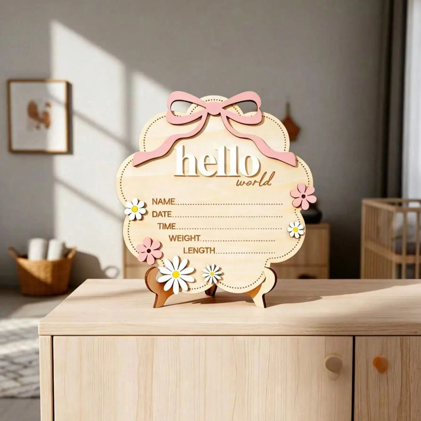 Wooden Hello World Birth Announcement Sign, Decorative Sign, Butterfly Flower Baby Photo Prop, Newborn Memorial Record Plate, Wooden Plaque, Nursery Decor, Elegant Design, Wooden Home Sign