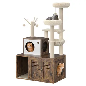 Garvee Large Multi-Level Cat Tree with Litter Box Enclosure, 3-in-1 Cat Tower Featuring Hidden Pet Washroom, Wooden Condo with Sisal Scratching Posts, Soft Plush Perch, Hammock in Rustic Brown