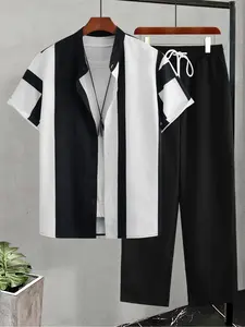 Two-piece Set Men's  Short Sleeve Top & Drawstring Waist Pants Set, Casual Lounge Set, Regular Fit Casual Button  Top & Trousers, Men's Two-piece Outfits for All Seasons, Casual Fashion Set