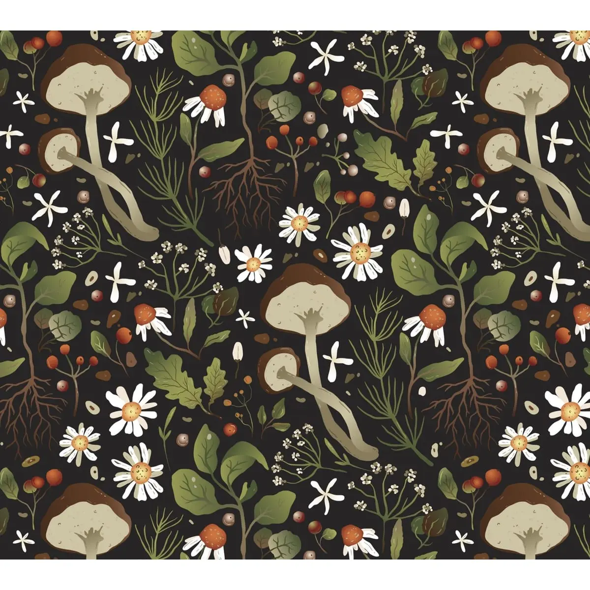 Woodland Mushroom Fabric on Black | Floral Botanical Quilting Cotton | David Textiles | 1/2 Yard
