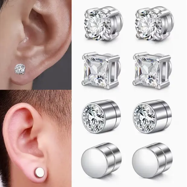 4 Pairs Fake Earrings for Men Women Stud Earrings for Men Fake Earrings Clip On Earrings for Men Fake Earings, Cubic Synthetic Cubic Zirconiaia Stainless Steel Fake Ear Ring Studs Faux Non Pierced Ear Ring