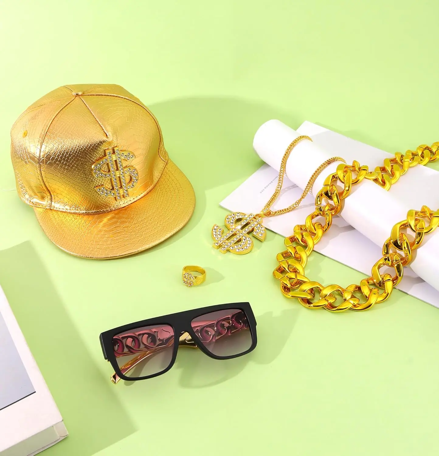 Pack Of 5 80s/ 90s Vintage Hip Hop Costume Kit,90s Outfits for Women,Rapper Outfits Punk Golden Chain,Finger Ring,Vintage Glasses