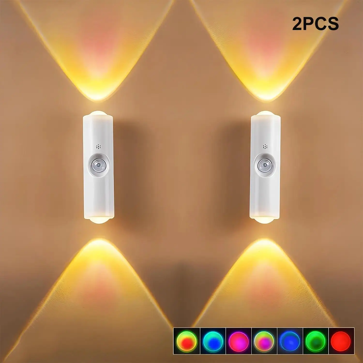 2PC LED Motion Sensor Night Light, 7 Colors Rechargeable Wireless Stair Lights, Magnetic Stick-On Cordless Wall Lamp for Hallway, Bedroom, Bathroom, Steps, 2-Pack