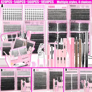 YIDUO Lash Cluster Kit Gift Set Volume Manga&40D&60D&80D&100D with Spiky Bottom Lashes Extension Kit 10-20mm D Curl wispy False Eyelash With Double-ended Eyebrow Pencil | Waterproof Eyeliner | Eyelash Curler | Bond and Seal Kit DIY Lash Kit