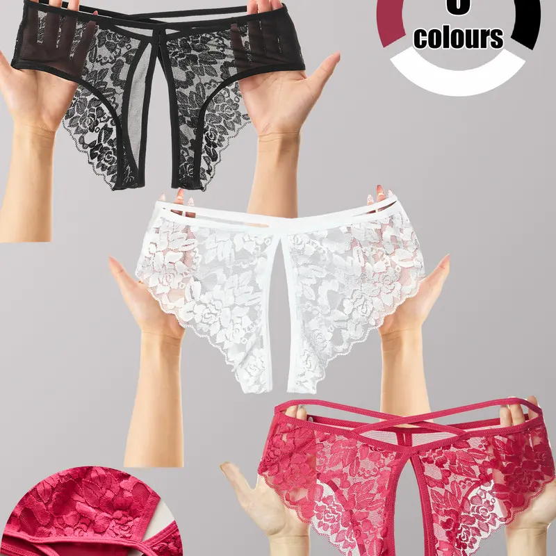 【Plus Size】 Solid Lace Open Crotch Panty, Soft Comfy Breathable Knicker for Daily Wear, Women's Underwear for All Seasons, Fashion Breathable Underwear, Soft Breathable Panties