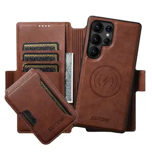 Vintage Brown & Blue PU Leather Wallet Case, Magnetic Flip Phone Cover with Card Slots, Camera Protection & Wireless Charging Compatible for Samsung S24/S25/S26 Ultra - Aesthetic Luxury Phone Accessories