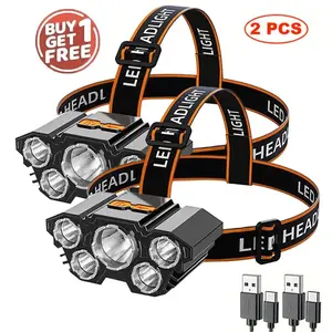 Portable Climbing Headlamp 2 Pack, Super Bright 5-LED Rechargeable Head Light, 4 Modes, Waterproof USB Charging Hands-Free Flashlight for Night Fishing, Camping, Hiking, Long Runtime for Anglers & Outdoor Enthusiasts
