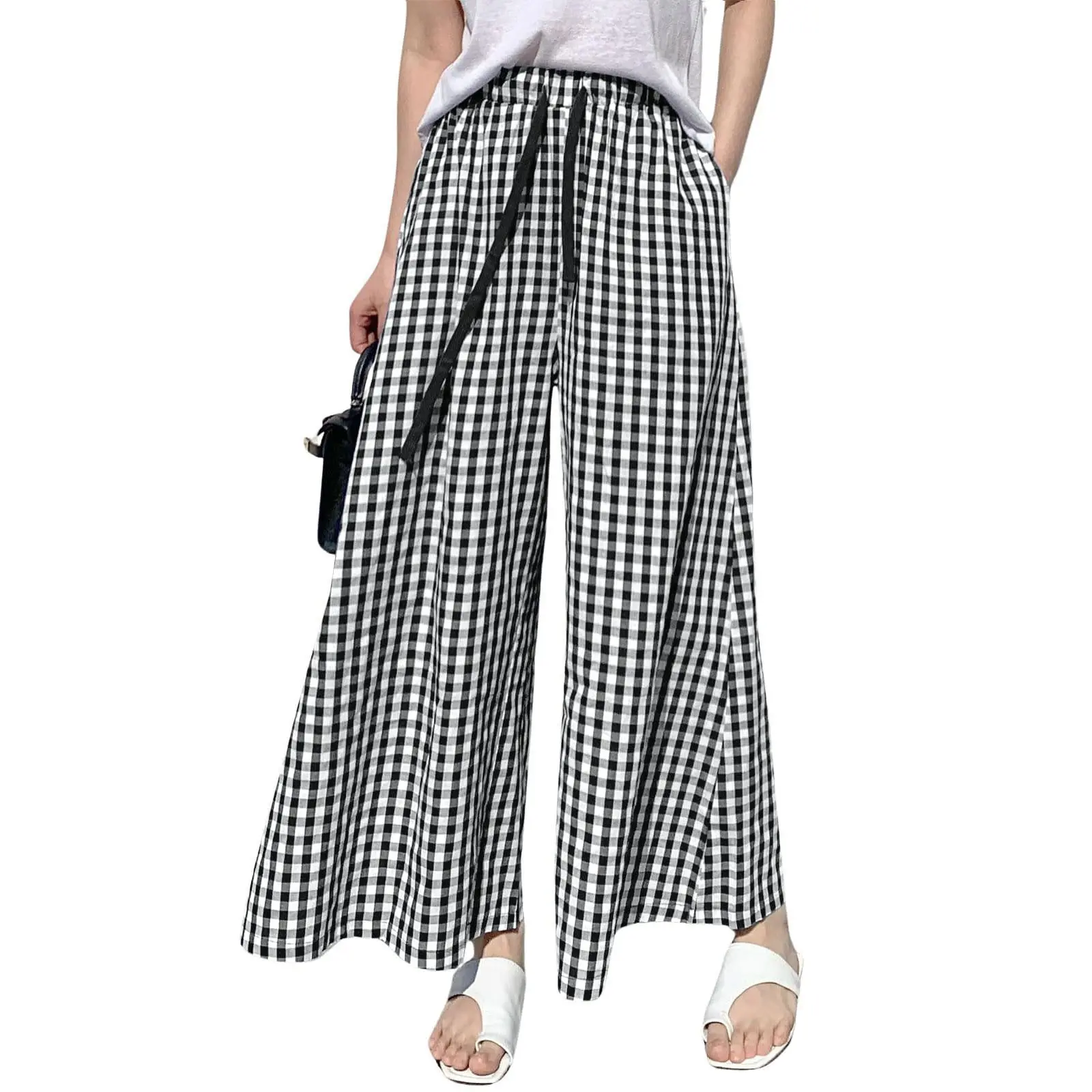 Chouyatou Women's Vintage Gingham Plaid Cropped Wide-Leg Culottes - High Elastic Waist, Side Pockets, Cute Button Accents, Beach-Ready Pair to Match Blouses, Modest, Baggy, Bottom, Casual, Gingham Check, Garment, Elegant, Wedding