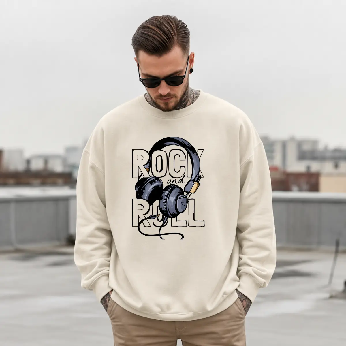 Rock And Roll Headphone Sweatshirt, Vintage Rock N Roll Music Lover Crewneck Sweatshirt, Retro Headphones Graphic Rocker Sweatshirt, Front Graphic Print Sweatshirt, Rock Music Gift For Men And Women