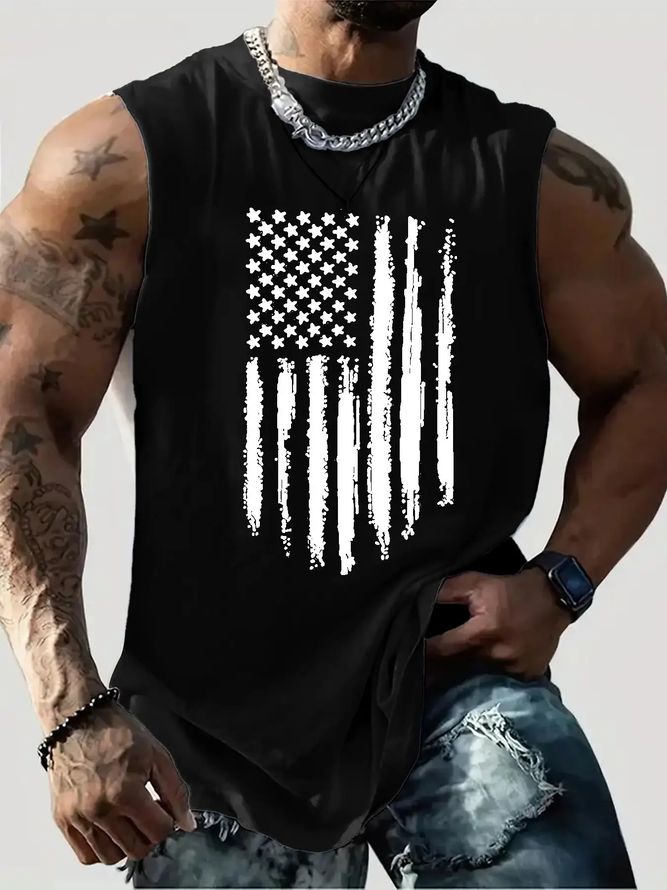 【Plus Size】 American Flag Print Round Neck Tank Top, Casual Sleeveless Crew Neck Top for Summer, Men's Plus Size Clothing for Daily Wear, Socks