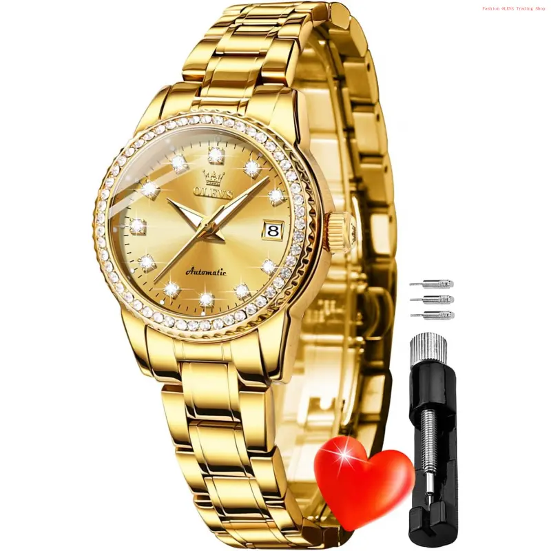Fashion Brand OLEVS Womens Diamond Watches Automatic Mechanical Gold Luxury Dress Ladies Self Winding Original Stainless Steel Wrist Watch