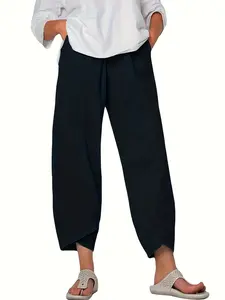 Women's Casual Basic Carrot Pants, Mid Waist Elastic Waist Wide Leg Loose-Fitting Capri, Solid Color O-Type, Daily Commute Vacation Home Wear Womenswear Bottom