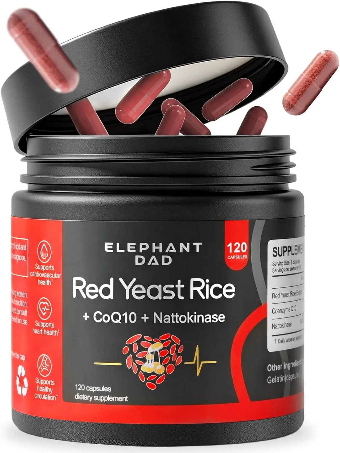 Red Yeast Rice 1200mg with Nattokinase & CoQ10 – Extra Strength Natto Extract Supplement, Citrinin-Free, Cholesterol & Heart Health Support Formula for Men & Women, Circulatory Health – 120 Capsules