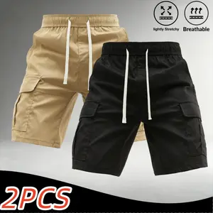 2-pack men’s lightweight, breathable cargo shorts—versatile mid-length shorts with an elastic drawstring waistband, side 3D cargo pockets, solid colors, loose straight fit for outdoor casual wear.