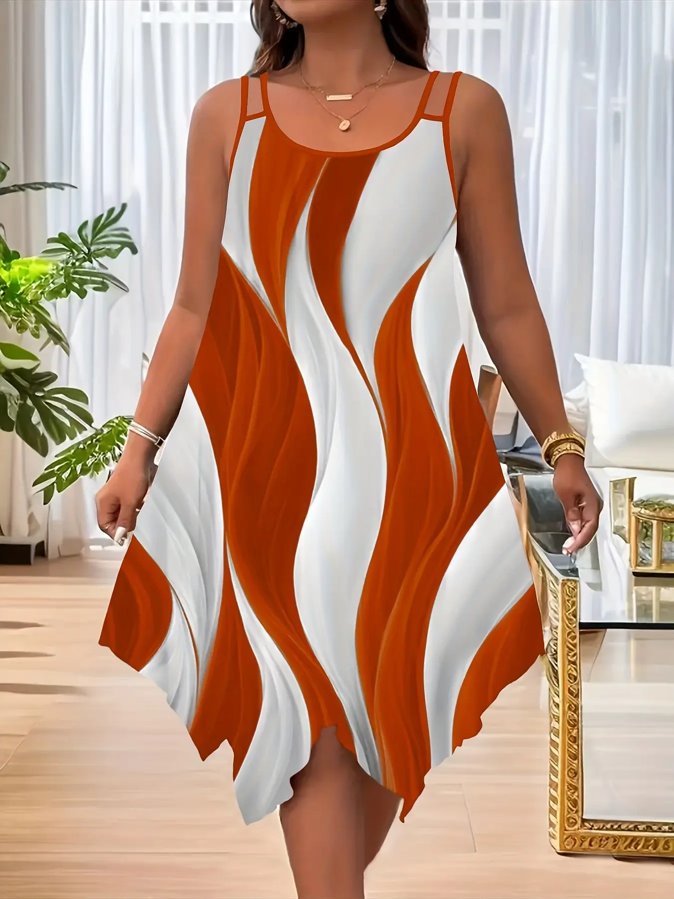 Women's Elegant Chic Asymmetric Hem Double Strap Dress, Round Neck, Random Print Design, Casual Party Wear, Fitted Style, Elegance, Sleeveless Dress