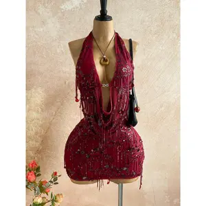 2pcs Fitted Shiny Fringe Sequin Drape Neck Camisole & Mini Skirt Set, Suitable for Music Festivals Parties Light