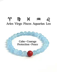 Courage & Protection Crystal Bracelet – Aquamarine & Cinnabar|Spiritual Success Bracelet for Aries, Virgo, Pisces, Aquarius, Leo
