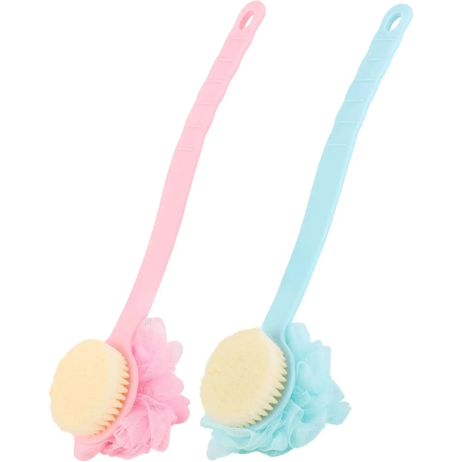 Long Handle Loofah Body Scrubber Brush - 2 Count (Pack of 1), Soft Mesh, Dual-Sided Exfoliating Sponge, Sunflower Design Bathroom Accessory for Women’s Bath & Massage, Blackhead Removal Bath Tub Supply, Dual Sided Sponge