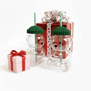 SummerVibes Viral Bear Shaped Glass Cup, Nostalgia oliday Collection Drinking Jar with Striped Straw and Beanie-Style Lid for Valentine’s Day