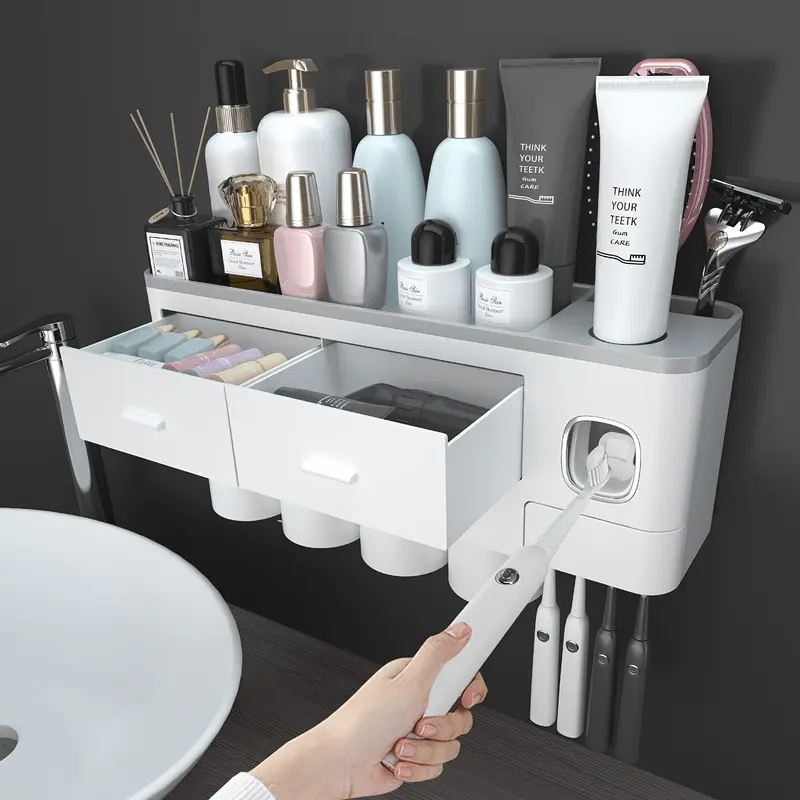 Traditional Magnetic Bathroom Toothbrush Holder Set - Wall-Mounted 2-4 Cup Capacity with Toothpaste Dispenser, Cosmetic Drawers, Large Trays & Accessory Bottles - Bathroom Gadget, Vanity Accessories, Home Organizer, Ideal Gift