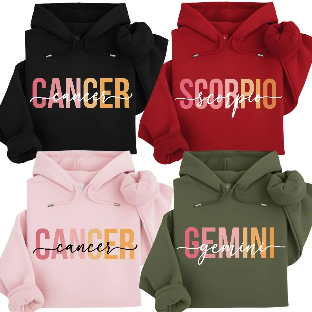 Full 12 Zodiac Hoodie, Zodiac Vibes Hoodie, Cancer Scorpio Gemini Minimal Script Hoodie, Astrology Sign Hoodie for Women, Trendy Horoscope Pullover Gift - AG