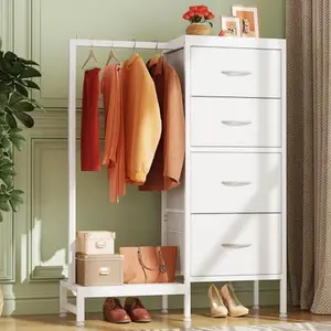 4-in-1 Storage Set with Hanging Rack, Clothing Rail, Shoe Shelf, Bag Hook and Tall Storage Tower, Multi-Functional Organizer with Metal Frame and Drawers, Perfect for Bedroom Closet Entryway and Small Space Organization