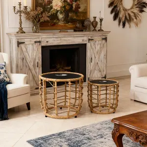 Boho Solar Outdoor Side Table with Built-in Lights Set of 2, All-Weather Wicker Nesting Tables, Round Waterproof Accent End Table Design for Patio, Porch, Garden & Balcony, Natural Brown