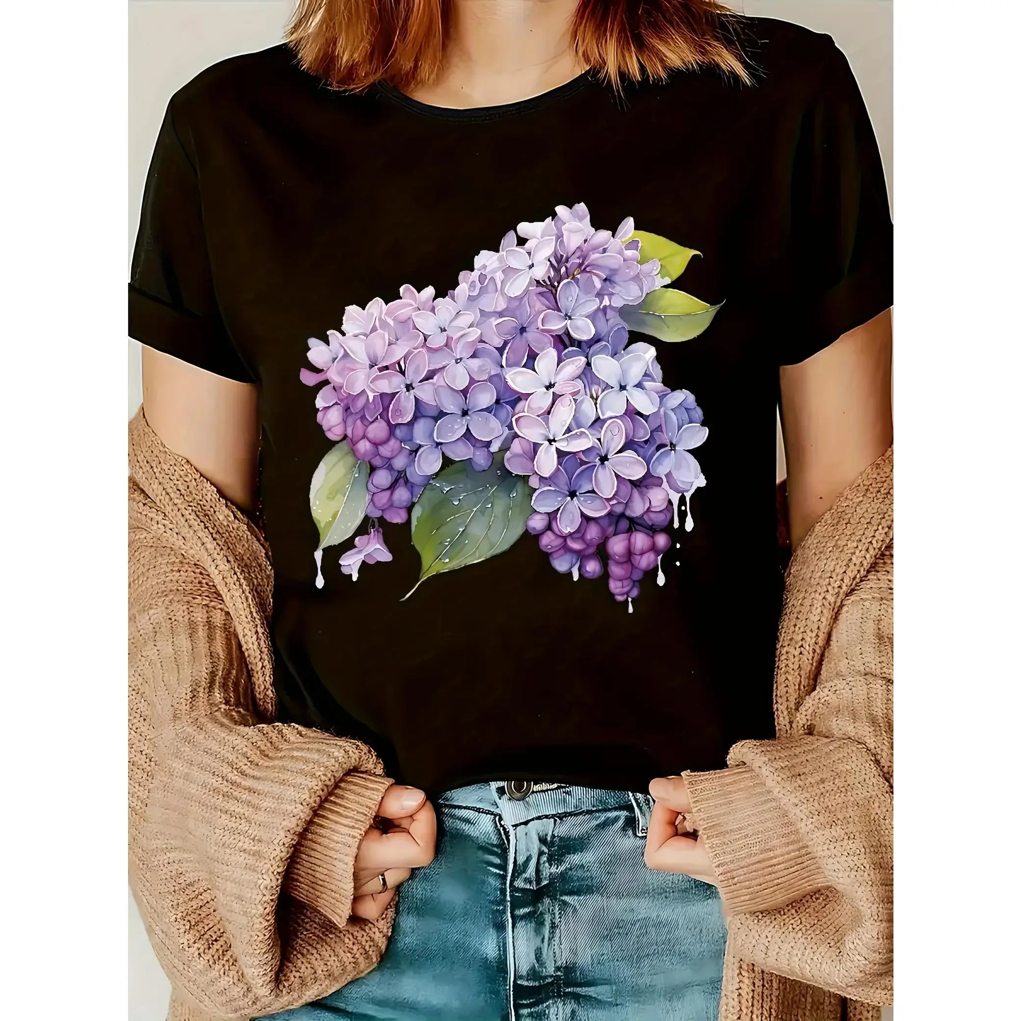 Lady's Short-Sleeve Round Neck Lilac Floral Graphic T-Shirt - Everyday Casual Top, Breathable Spring & Summer Tee, Machine-Washable Regular Fit, Comfortable Fabric, Shortsleeve, Tshirt, Neck Top, Elegant, Print, Women, Crew Neck