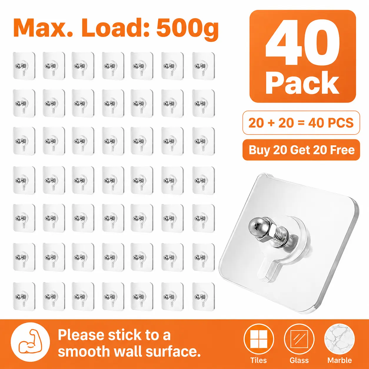 40PCS Acrylic Photo Hooks Pack - Buy 20 Get 20 Free, Stainless Steel & Ceramic Self-Adhesive Metal Hooks Set, Smooth Lightweight Wall-Mount for Kitchen & Room Decor, Easy Installation for Photos, Keys, Glass Items, Towels