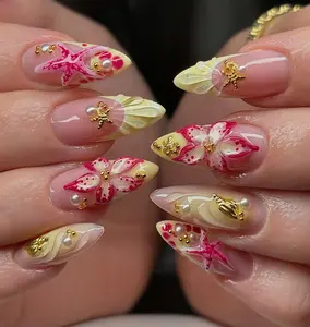 3D Orchid Beach Press On Nails, Summer Yellow & Pink Flower Fake Nails with Starfish, Pink Yellow Ombre Nails with 3D Flowers,Vacation Nails